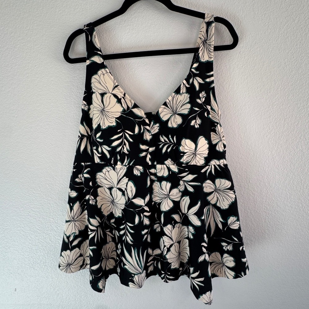 Kona Sol Womens Plus 22W Floral Tankini Top Black‎ Tropical Strappy Back New